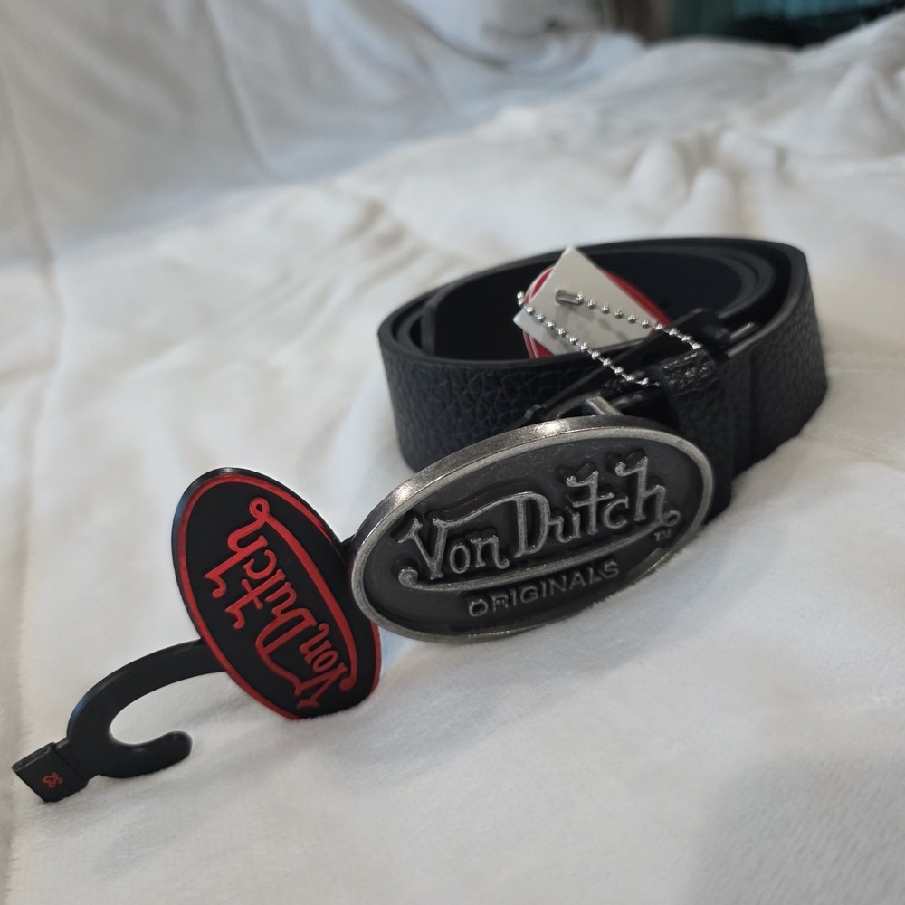Von Dutch Men Black Textured Belt Matte Silver Buckle Y2K Nostalgia Staple Sz 30